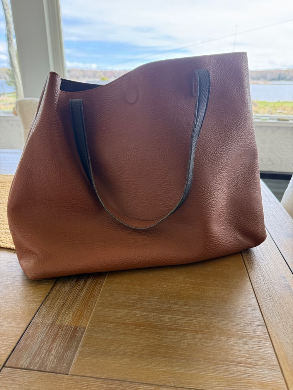 Leather Tote Bag in Brown with Black Handles